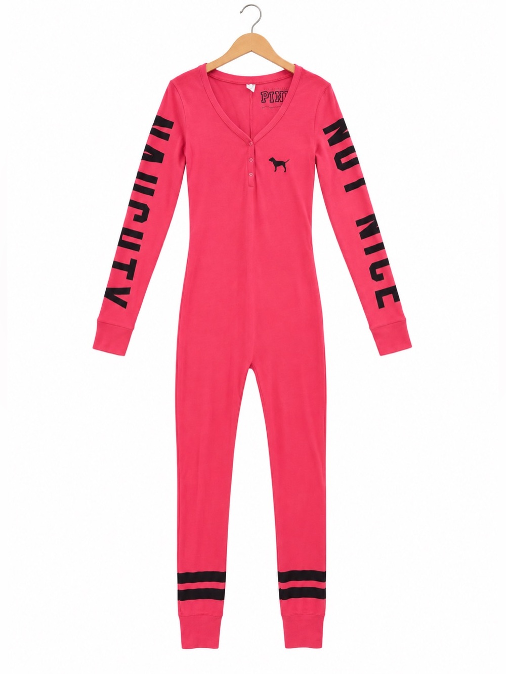 VS PINK Naughty Not Nice One Piece Onesie Pajamas Thermal Butt Flap Red Small